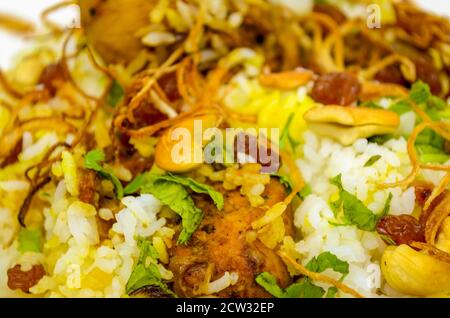 Primo piano di Biryani di pollo con anacardi, cipolle fritte, foglie di menta, uvetta spalmata Foto Stock