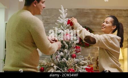 Uomo caucasico e donna felice di decorare il loro albero di natale. Vacanze invernali. Decorazione bello albero di Natale con decorazioni palla di vetro. Moglie e marito in abiti coordinati che aiutano a casa ornata con luci di ghirlanda Foto Stock