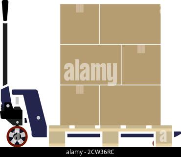 Icona Pallet Truc idraulico manuale con scatole. Design a colori piatti. Illustrazione vettoriale. Illustrazione Vettoriale