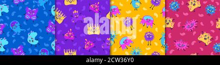 Batteri e virus senza interruzioni. Agenti patogeni dei cartoni animati in microrganismi blu e rossi che causano epidemie. Illustrazione Vettoriale