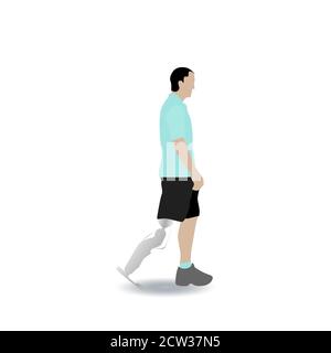 Uomo con gamba protesis camminando isolato su sfondo bianco. Protesi arti inferiori, persone disabili, piedi artificiali protesici. Vettore a pieno titolo Illustrazione Vettoriale