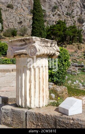 Colonna singola con capitale ionica nel sito archeologico di Delfi, Grecia. Foto Stock