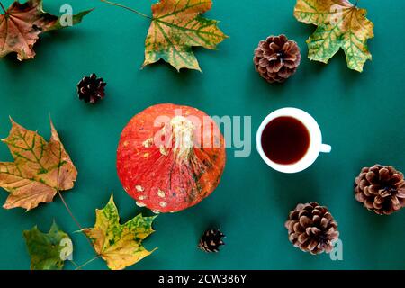 Composizione autunnale. Telaio fatto di zucche, foglie secche, coni di pino e tes fondo coppa. Modello autunno, autunno, Halloween, raccolta di ringraziamento Foto Stock