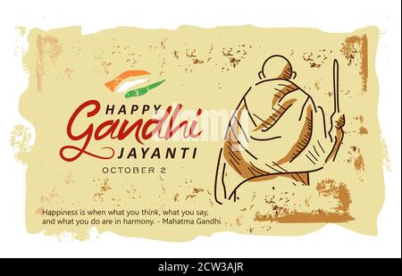 Gandhi Jayanti è un evento celebrato in India per celebrare l'anniversario di nascita di Mahatma Gandhi, vettore disegno vecchio sfondo di carta Illustrazione Vettoriale