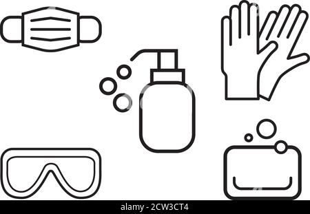 dispositivi di protezione individuale icone e simboli vettoriali piatti, set di icone. Maschera chirurgica, maschera medica, guanti protettivi, guanti in lattice, sapone, dispenser, Illustrazione Vettoriale