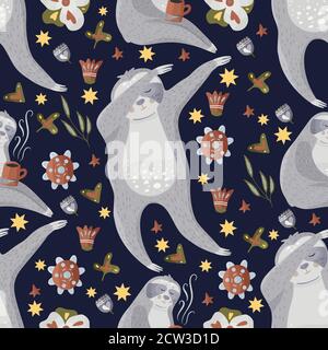 Cute sloths danzare danze dub. Modello vettoriale senza giunture Cartoon in uno stile piatto. Sloth lento pigro animale natura capretto stampa su uno sfondo scuro. Illustrazione Vettoriale