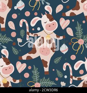 Modello vettoriale senza giunture mucca. Anno nuovo della mucca. Natale 2021. Cartoon fattoria animale capretto illustrazione. Illustrazione Vettoriale