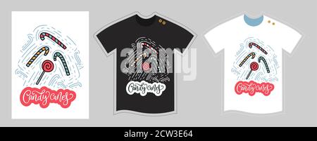 Modello di design per t-shirt vettoriale per bambini e adulti su bianco e nero. Allegra citazione scritta invernale di Natale con coni caramella. Simpatico cartoon illustrazione dettagliata. Stampa tee doodle grafica in tessuto. Illustrazione Vettoriale