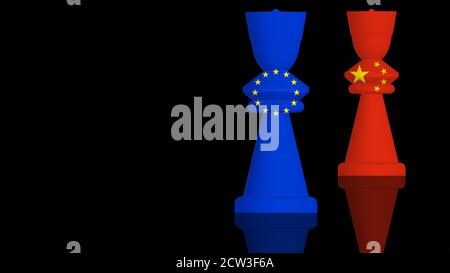 Illustrazione 3D di un concetto di conflitto tra Cina e Unione europea con bandiere dipinte su scacchi. Rendering 3D Foto Stock