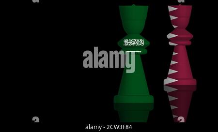 Illustrazione 3D di un concetto di conflitto tra Arabia Saudita e Qatar con bandiere dipinte su pezzi di scacchi. Rendering 3D Foto Stock