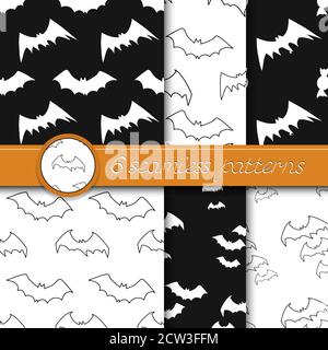 Serie vettoriale di sei modelli senza giunture di Halloween con pipistrelli, in bianco e nero. Illustrazione Vettoriale