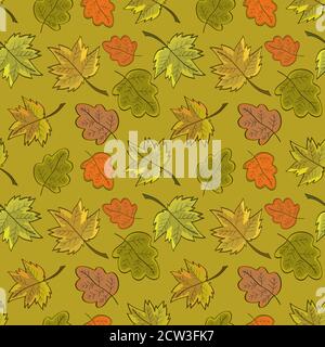 Motivo senza cuciture con foglie autunnali colorate, in colori tenui. Su sfondo verde. Illustrazione Vettoriale