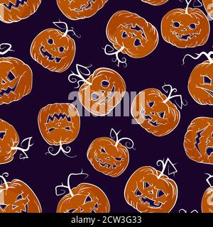 Modello senza cuciture Vector Halloween con zucche. Nei colori viola scuro e arancione. Illustrazione Vettoriale