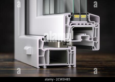 Sezione trasversale del profilo di vetro in plastica in PVC inclinata sul tavolo. illustrazione 3d Foto Stock