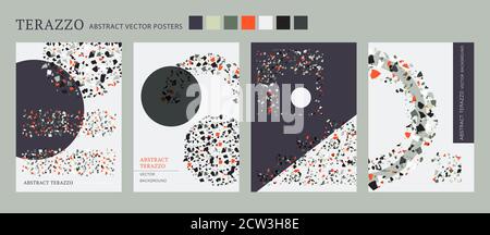 Poster interno del terazzo vettoriale. Set di composizione per forme fresche. Contrasto astratto textured sfondo fatto con reale rotto piccole mattonelle chip. Collezione di carte in marmo pastello di arte moderna per stampa e web. Illustrazione Vettoriale
