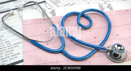 Stetoscopio sotto forma di referto cardiogramma cuore su battito. Concetto di cardiologia medica. illustrazione 3d Foto Stock