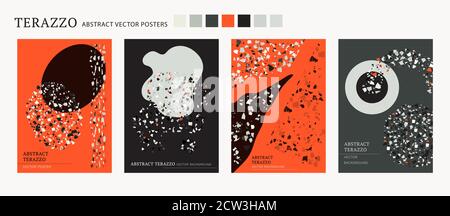Poster interno del terazzo vettoriale. Set di composizione per forme fresche. Contrasto astratto textured sfondo fatto con reale rotto piccole mattonelle chip. Collezione di carte d'arte in marmo di colore moderno per stampa e web. Illustrazione Vettoriale