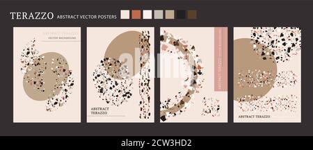 Poster interno del terazzo vettoriale. Set di composizione per forme fresche. Contrasto astratto textured sfondo fatto con reale rotto piccole mattonelle chip. Collezione di carte d'arte in marmo pastello di colore moderno per stampa e web. Illustrazione Vettoriale