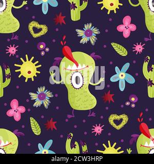 Carino cartone animato verde mostro vettore modello senza giunture in uno stile piatto. Divertente sfondo di carattere alieno di capretto. Mutante bestia animale comico carta da parati su uno sfondo scuro. Illustrazione Vettoriale
