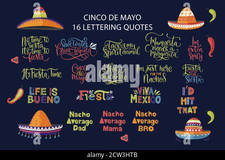 Set di scritte vettoriali per vacanze Cinco de Mayo. Calligraphy Mexican fiesta party collezione disegnata a mano. Tipografia saluto citazioni festival. Viva Messico. Illustrazione Vettoriale
