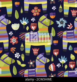 Carta disegnata a mano pinata vettore modello senza giunture. Tradizionale festa messicana illustrazione. Divertente sfondo di celebrazione carino in stile piatto cartoon. Illustrazione Vettoriale