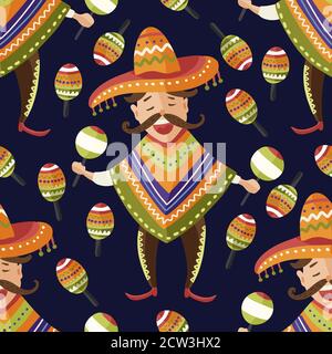 Messicano felice uomo in cappello sombrero con maracas vettore modello senza giunture. Tradizionale Messico cartoon illustrazione piatta. Cinco de mayo partito latino di fondo in uno stile appartamento senior. Illustrazione Vettoriale