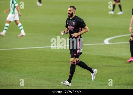 Karim Benzema del Real Madrid durante la partita di calcio del campionato spagnolo la Liga tra Real Betis Balompie e Real Madrid il 26 settembre 2020 Foto Stock