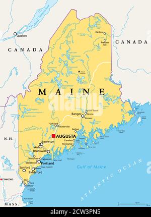 Maine, ME, mappa politica con la capitale Augusta. Stato più a nord degli Stati Uniti d'America, situato nella regione del New England. Foto Stock