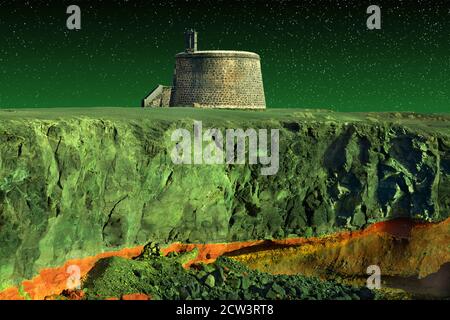 Questa visione di una fortezza aliena si basa su Castillo Coloradas sull'isola vulcanica di Lanzarote (Isole Canarie). Foto Stock