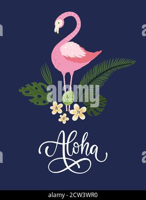 Aloha. Carta vettoriale di uccelli fenicotteri rosa. Poster estivo tropicale carino con scritta scritta disegnata a mano citazione e cartoon illustrazione bambino. Illustrazione Vettoriale