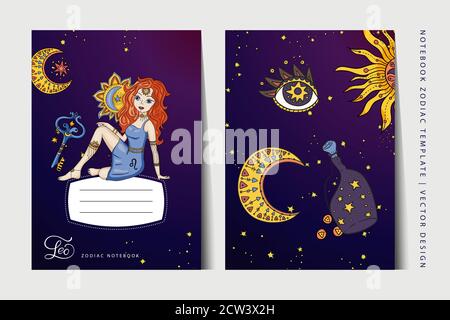 Modello vettoriale zodiaco Leo girl notebook. Layout del libro per i formati carta a3, a4 e a5. Educazione scolastica art. Astrologia donna, simbolo oroscopo. Design della copertina. Illustrazione Vettoriale