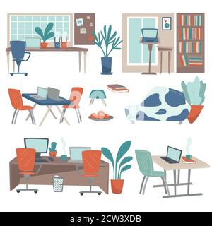 Interni e ambienti di lavoro per la casa e l'ufficio, ambiente di lavoro accogliente Illustrazione Vettoriale