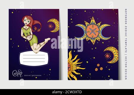 Zodiac Cancer ragazza notebook modello vettoriale. Layout del libro per i formati carta a3, a4 e a5. Educazione scolastica art. Astrologia donna, simbolo oroscopo. Design della copertina. Illustrazione Vettoriale