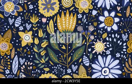 Motivo a fumetti floreale senza cuciture. Sfondo vintage vettoriale estivo. Fiore testurizzato illustrazione estiva. Disegno botanico decorativo. Illustrazione Vettoriale