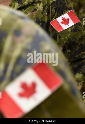 Giorno del Canada. Bandiera del Canada sull'uniforme militare e foglia rossa di acero. Soldati canadesi. Esercito del Canada. Foglia canadese. Giorno della memoria. Papavero giorno. Foto Stock