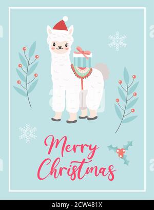 Buon natale carino card con lama alpaca in cappello di santa. Modello anno nuovo per le vacanze invernali per il tuo design. Illustrazione vettoriale Illustrazione Vettoriale