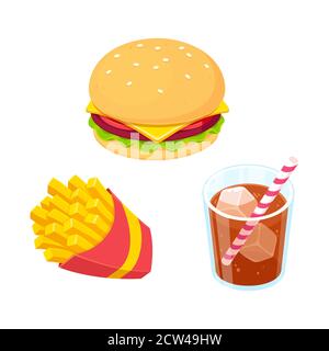 Set di icone per il fast food Cartoon. Patatine fritte, hamburger e bicchiere di bevanda analcolica. Illustrazione grafica vettoriale colorata e realistica. Illustrazione Vettoriale