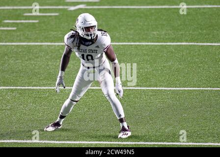 Stadio Alumni. 26 Settembre 2020. MA, USA; Texas state Bobcats linebacker Christian Taylor (18) in azione durante la partita di football NCAA tra Texas state Bobcats e Boston College Eagles all'Alumni Stadium. Anthony Nesmith/CSM/Alamy Live News Foto Stock