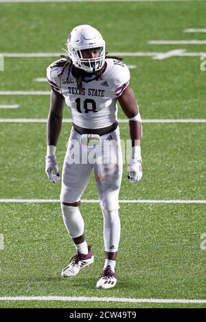 Stadio Alumni. 26 Settembre 2020. MA, USA; Texas state Bobcats linebacker Christian Taylor (18) in azione durante la partita di football NCAA tra Texas state Bobcats e Boston College Eagles all'Alumni Stadium. Anthony Nesmith/CSM/Alamy Live News Foto Stock