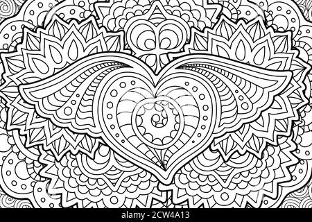 Bella pagina romantica da colorare con cuore decorativo alato Illustrazione Vettoriale