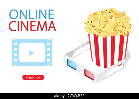 Visione online di film d'arte cinematografici con popcorn, occhiali 3d concetto cinematografico. Vettore. Vista isometrica. Illustrazione Vettoriale