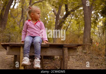 Il bambino si siede da solo su un ponte di legno in un parco autunnale, all'aperto. Ritratto d'autunno di un bel bambino. Momenti di infanzia. Foto Stock