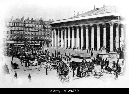 Una vista storica della Borsa in Place de la Bourse, 2 ° arrondissement, Parigi, Francia, preso da una cartolina del 1900. Foto Stock