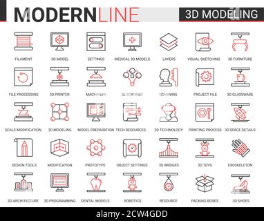 set di illustrazioni vettoriali con icone a nastro piatto con tecnologia 3d printing science. Design creativo a linea sottile rosso nero con modellazione 3d moderno macchinario per stampanti cyber-tech, innovazioni scientifiche future Illustrazione Vettoriale