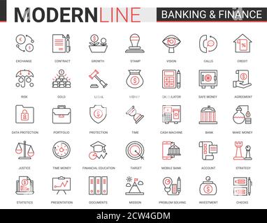 Set di illustrazioni vettoriali con icone piatte di linee nere rosse sottili per finanza e banche. Siti web creativi, simboli di profilo finanziario del software di banca digitale, assicurazione legale e raccolta di business cyber sicurezza Illustrazione Vettoriale