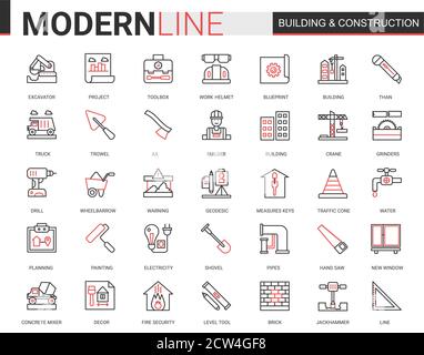 Costruzione costruzione sottile rosso nero linea icone vettoriale set di illustrazione, delineare costruzione sito web simboli raccolta con costruttori attrezzi e attrezzature gru, sviluppo di architettura cittadina Illustrazione Vettoriale