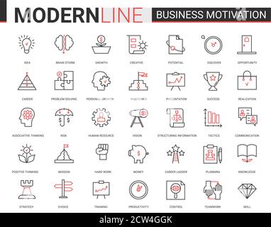 Motivazione aziendale sottile linea rossa nera icona illustrazione insieme vettoriale con simboli motivazionali contorno per la produttività dei processi finanziari, lavoro di squadra pianificazione aziendale, formazione di comunicazione Illustrazione Vettoriale