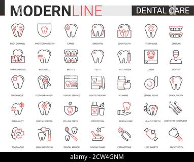 Medicina di cura dentale piatto sottile rosso linea nera icone insieme di illustrazione vettoriale, contorno odontoiatria sanità sito web raccolta di simboli con il pittogramma di impianto dentario medico, dentista attrezzatura, dentifricio Illustrazione Vettoriale