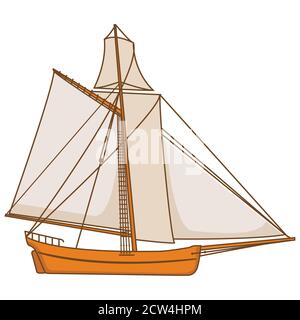 Nave vintage barca a vela in legno. Vettore ART a linea piatta. Barca a vela. Illustrazione Vettoriale