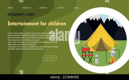 Illustrazione vettoriale del sito per il campeggio, i campi di salute e il turismo dei bambini. Illustrazione piatta della pagina principale dell'app mobile con una casa ad albero, tenda, falò e attrezzature da campeggio sullo sfondo di montagne e foreste.Banner per un sito web, annuncio, laptop o smartphone. Illustrazione Vettoriale